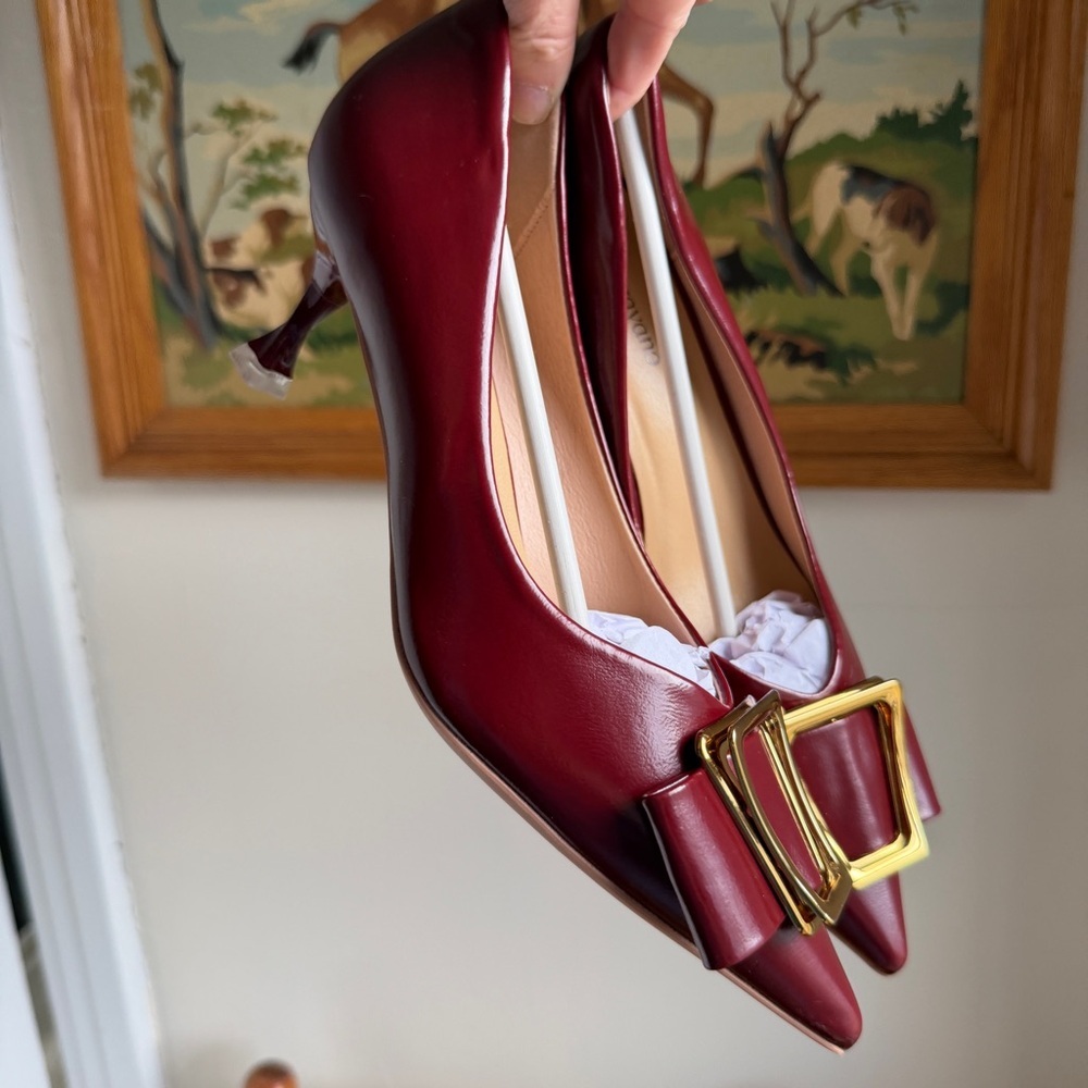 C.Paravano Red Burgundy Gold Buckle Kitten Heels Metal Tie Pumps Olivia NEW 7.5 - Picture 11 of 16